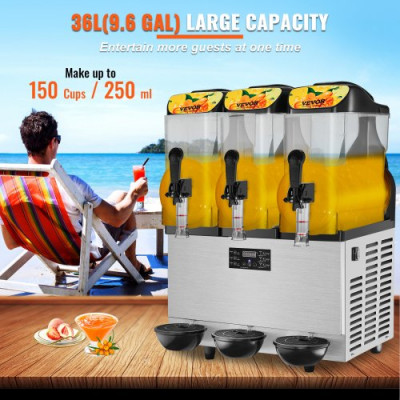 Máquina de granizado comercial, cuenco triple de 36 L/9.6 galones, máquina de margarita de 150 tazas, máquina de margarita de acero inoxidable 860 W, máquina de granizado para fiestas, cafetería