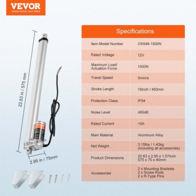 VEVOR Actuador lineal de 12 V, actuador de movimiento lineal de 450 mm 330 lb/1500 N 5 mm/s con soporte de montaje y protección IP54 para muebles, sistemas de automatización, equipos mecánicos