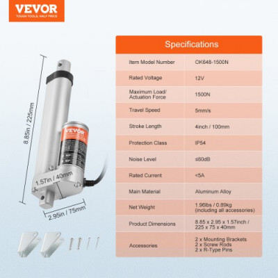 VEVOR Actuador lineal de 12 V, actuador de movimiento lineal de 100 mm 330 lb/1500 N 5 mm/s con soporte de montaje y protección IP54 para muebles, sistemas de automatización, equipos mecánicos