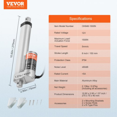 VEVOR Actuador lineal de 12 V, actuador de movimiento lineal de 150 mm 330 lb/1500 N 5 mm/s con soporte de montaje y protección IP54 para muebles, sistemas de automatización, equipos mecánicos