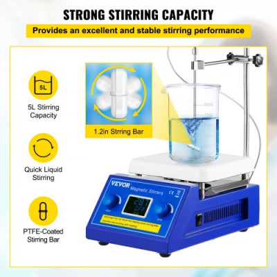 VEVOR Agitador Magnético de Placa Caliente 5L Agitador Magnético de Laboratorio 500W Laboratorio Digital Agitador Magnético Agitador Magnético con Placa Mezclador de Agitador Con Soporte LED