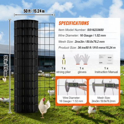 VEVOR Rollo de malla de alambre galvanizado 910x15240 mm Malla de alambre para pollos calibre 16 malla metálica recubierta de vinilo para cercas de gallineros, cercas de conejos, corrales para aves