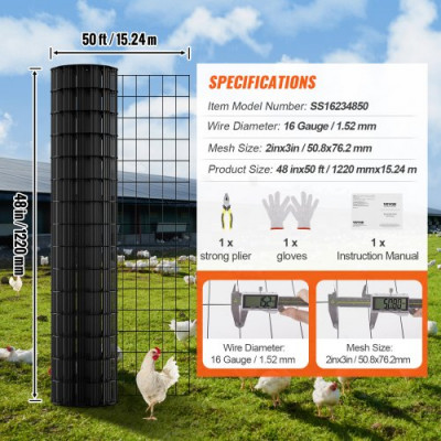 VEVOR Rollo de malla de alambre galvanizado 1220x15240 mm Malla de alambre para pollos calibre 16, malla metálica recubierta de vinilo para cercas de gallineros, cercas de serpientes para conejos