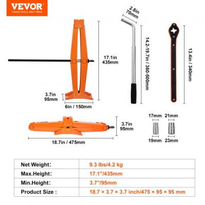 VEVOR Gato de Tijera Carga de 2,5 T Gato de Tijera Profesional de Acero con Rango de Elevación de 95-435 mm Llave para Cambiar Neumáticos y Bolsa de Transporte para Cambio de Neumáticos de Coches SUV