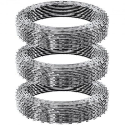 VEVOR Alambre de Espino 45m 3 Rollos Alambre de Espino Galvanizado en Caliente Malla de Alambre Anti-Intrusión Doble Espiral Cuchillas de Púas Afiladas con Guantes Protectores para Hogar Jardín Balcón