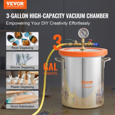 VEVOR Cámara de Vacío 3 Gal 11,4 L Bomba de Vacío Tapa de Vidrio Templado Cámara de Desgasificación de Acero Inoxidable 304 Contenedor de Vacío para Estabilización de Madera Resina de Silicona