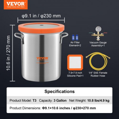 VEVOR Cámara de Vacío 3 Gal 11,4 L Bomba de Vacío Tapa de Vidrio Templado Cámara de Desgasificación de Acero Inoxidable 304 Contenedor de Vacío para Estabilización de Madera Resina de Silicona