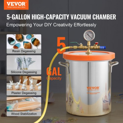 VEVOR Cámara de Vacío 5 Gal 19 L Bomba de Vacío Tapa de Vidrio Templado Cámara de Desgasificación de Acero Inoxidable 304 Contenedor de Vacío para Estabilización de Madera Resina de Silicona