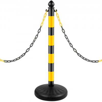 VEVOR Barrera de Aparcamiento 4 piezas Altura 99 cm Plástico PE Poste de Tráfico Base 35 x 35 cm Cadena 1 m Amarillo-Negro Bolardo de Aparcamiento Llenar con Agua o Arena en Base para más Estabilidad