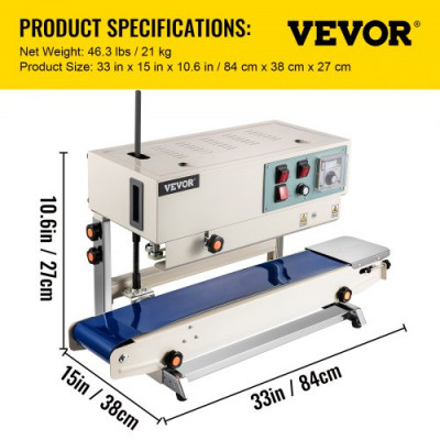 Sellador de Banda Continua 6-15 mm del Ancho del Sello Máquina de Sellado Continuo 0-24 m / min Sellador Sutomático de Bandas 21 kg para Muchos Materiales de Película, como PP, PE, PV, OPP, PS