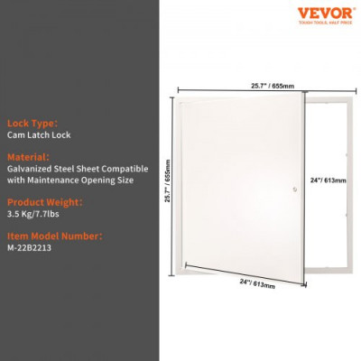 VEVOR Trampilla de Inspección de Acero Galvanizado 613x613 mm Puerta de Inspección Apertura a 165° Superficie Fácil de Pintar Mantenimiento Panel de Acceso con Cerradura para Cubrir Tuberías Techo