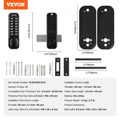 VEVOR Cerradura de Puerta Mecánica sin Llave Teclado de 14 Teclas Cerradura de Código Manija de Puerta de Entrada Exterior de Aleación de Zinc Fácil Instalación para Puertas Espesor de 35-65 mm