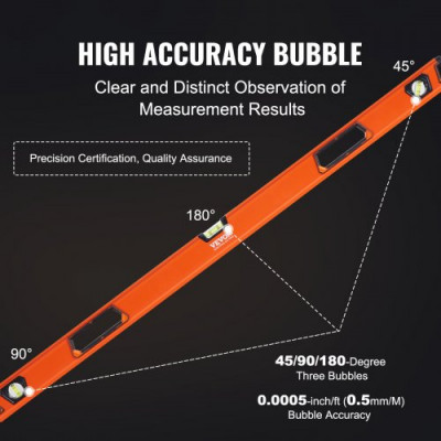 VEVOR Nivel Magnético de Burbuja 1222 mm Nivel Magnético Torpedo Herramienta de Nivelación 45° Horizontal Vertical Aleación de Aluminio Visualización en Ventana para Medición Industria de Construcción