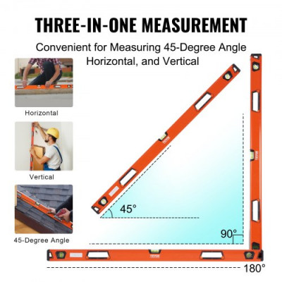 VEVOR Nivel Magnético de Burbuja 1222 mm Nivel Magnético Torpedo Herramienta de Nivelación 45° Horizontal Vertical Aleación de Aluminio Visualización en Ventana para Medición Industria de Construcción