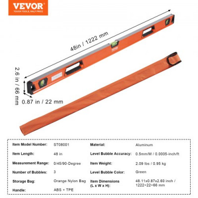 VEVOR Nivel Magnético de Burbuja 1222 mm Nivel Magnético Torpedo Herramienta de Nivelación 45° Horizontal Vertical Aleación de Aluminio Visualización en Ventana para Medición Industria de Construcción