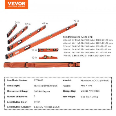 VEVOR Nivel Magnético de Burbuja 1980/1222/915/610/411/249 mm Nivel Magnético Torpedo Herramienta de Nivelación Horizontal Vertical Aleación de Aluminio Mirilla para Medición Industria de Construcción