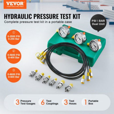 VEVOR Kit de prueba de presión hidráulica 3 manómetros 6 accesorios 3 mangueras