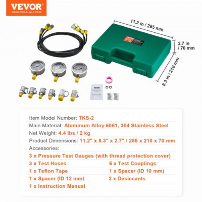 VEVOR Kit de prueba de presión hidráulica 3 manómetros 6 accesorios 3 mangueras