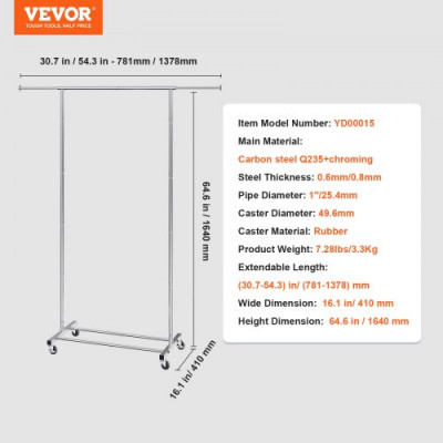 VEVOR Perchero Burro para Ropa con 4 Ruedas de 1 Barra y 1 Estante Longitud Extensible de 78-138 cm Perchero de Acero Perchero de Pie para Almacenaje de Ropas Zapatos Cajas Accesorios en Dormitorios