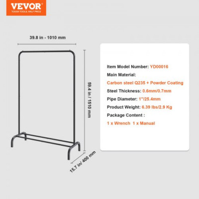 VEVOR Perchero Burro para Ropa de 1 Barra Largo de 1010 mm Alto de 1510 mm Perchero de Acero al Carbono con Zapatero en Parte Inferior Perchero de Pie para Guardar Ropas Zapatos en Dormitorio, Negro