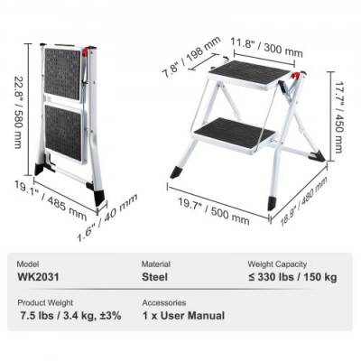 VEVOR Taburete Plegable con 2 Peldaños Carga de 150kg Escalera de Acero Taburete Ancho Multiusos con Superficie Antideslizante y Almohadillas para Adultos, Niños, Hogar, Cocina, Oficina, Autocaravanas