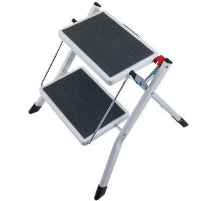 VEVOR Taburete Plegable con 2 Peldaños Carga de 150kg Escalera de Acero Taburete Ancho Multiusos con Superficie Antideslizante y Almohadillas para Adultos, Niños, Hogar, Cocina, Oficina, Autocaravanas