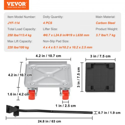 VEVOR Carro de Mudanzas 4PCS Mueve Muebles Pesados Capacidad 113,4 kg Acero al Carbono 4 Ruedas 360° Giro PP Plataforma Rodante Manejo de Muebles Mudanza Nevera Sofá Armario