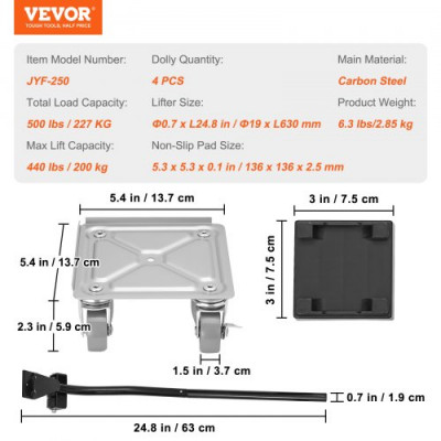 VEVOR Carro de Mudanzas 4PCS Mueve Muebles Pesados Capacidad 227 kg Acero al Carbono 4 Ruedas 360° Giro PP Plataforma Rodante Manipulación de Muebles Nevera Frigorífico Sofá Armario