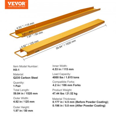 VEVOR Abrazadera de Horquillas de Tractor 1520x115 mm 1 Par de Acero al Carbono Abrazadera en Horquillas de Paletas Carga de 1815 T para Mover y Transportar Cargas Pesadas y Voluminosas, Amarillo