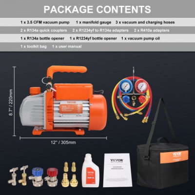 Bomba de Vacío Aire Acondicionado 100 L/min Bomba de Vacío Refrigeración HVAC 150 W Kit Manómetros y Manguera Goma Tricolor 1440 rpm Bolsa de Transporte para R134a R1234yf Auto Frigorífico