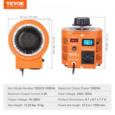 VEVOR Transformador de voltaje variable 1000VA regulador de voltaje 3.3A 0-300V LCD