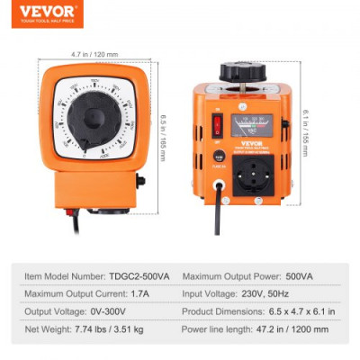 VEVOR Transformador de voltaje variable automático de 500 VA, 1,7 A, entrada de 230 V, salida de 0-300 V, regulador de voltaje de CA 4 fusibles, interruptor de control térmico para oficina industrial