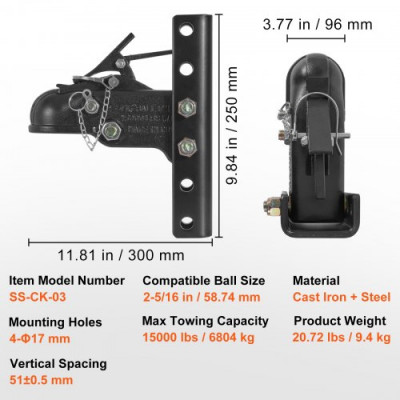 VEVOR Cabezal de Enganche de Remolque para Bola 58,74 mm Soporte de Canal Ajustable 5 Posiciones Capacidad de Carga de 6804 kg Hierro Fundido para Autocaravana, Furgoneta, SUV, Revestimiento, Negro