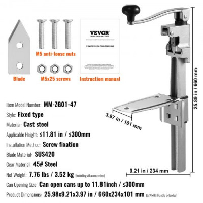 VEVOR Abrelatas manual fabricado en acero, máquina abrelatas catering, abrelatas comercial con base, abrelatas de mesa regulable en altura para latas de hasta 30 cm de altura, para restaurantes, etc.