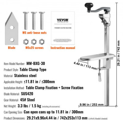 VEVOR Abrelatas Manual, Máquina Abrelatas de Mesa, Abrelatas Comercial con Base, Abrelatas de Mesa Regulable en Altura para Latas de hasta 30 cm de Altura, para Restaurante, Hotel, etc.