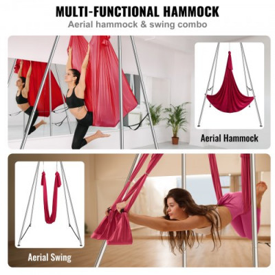 VEVOR Kit de Columpio y Hamaca Aérea para Yoga, Soporte de Yoga Profesional de 295 cm de Altura, Hamaca Roja de 6x2,6 m, Capacidad de Carga Máxima de 250 kg, para Fitness, Culturismo, Pilates, Rojo