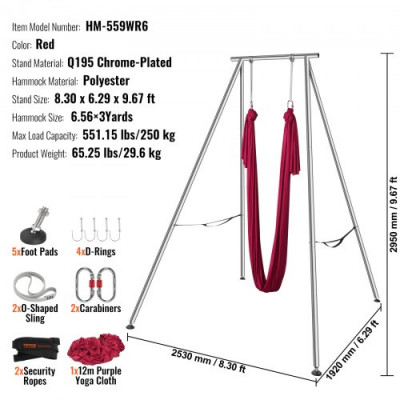 VEVOR Kit de Columpio y Hamaca Aérea para Yoga, Soporte de Yoga Profesional de 295 cm de Altura, Hamaca Roja de 6x2,6 m, Capacidad de Carga Máxima de 250 kg, para Fitness, Culturismo, Pilates, Rojo