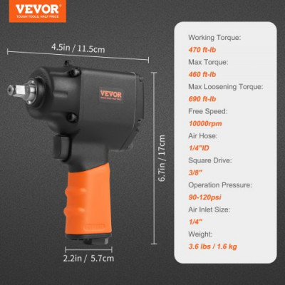 Llave de Impacto Neumática Cuadrada 0,95 cm Pistola de Clavos 935,5 Nm Velocidad 10000 rpm de Aluminio con 2 Conectores Rápidos de