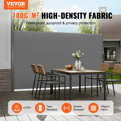 VEVOR Toldo Lateral Retráctil Pantalla de Privacidad al Aire Libre 200x300 cm Toldo Lateral contra Viento Impermeable de Poliéster Divisor de Habitación UV 30+ para Patio, Jardín, Balcón, Gris