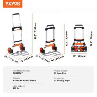 VEVOR Carretilla de Mano Plegable de Aluminio Carga de 125 kg Carro de Mano de Alta Resistencia con Ruedas de Goma Mango Telescópico para Transporte Doméstico, Mercancías de Almacén Supermercado