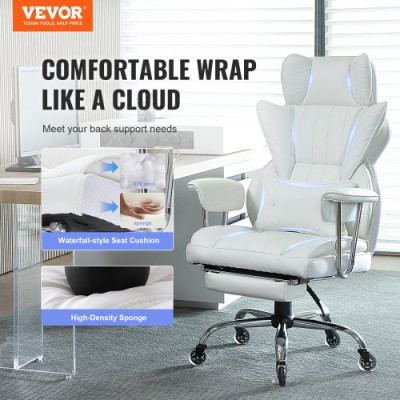 VEVOR Silla de Oficina de Cuero Rueda de PU Silla Ejecutiva Ergonómica con Soporte Lumbar Ajustable y Reposapiés Asiento de Oficina Carga Máxima de 159 kg Respaldo Reclinable para Oficina Hogar