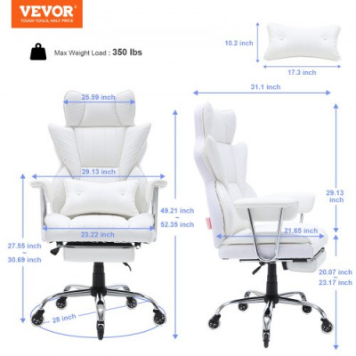 VEVOR Silla de Oficina de Cuero Rueda de PU Silla Ejecutiva Ergonómica con Soporte Lumbar Ajustable y Reposapiés Asiento de Oficina Carga Máxima de 159 kg Respaldo Reclinable para Oficina Hogar