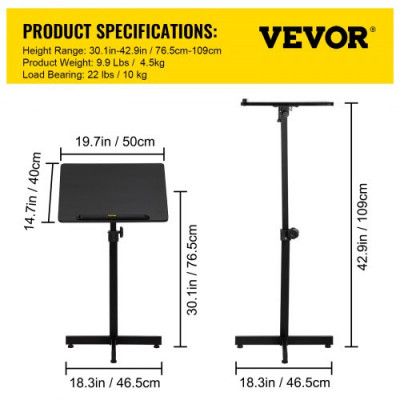 Podio de Madera de Pie 50 x 40 cm Podio Portátil de Madera Capacidad de 10 kg, Acero y Madera de Partículas, Podio de Madera Ajustable con Altura 76,5-109 cm para Escuelas, Oficinas, Estudios