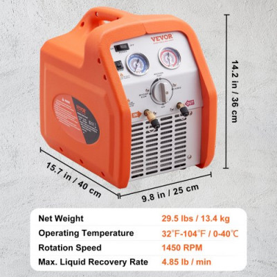 Máquina de Recuperación de Refrigerante Portátil 3/4 HP Máquina de Recuperación con Protección de Alta Presión 2,2 kg/min Velocidad de 1450 rpm Autolimpieza para Vapor Líquido Refrigerante