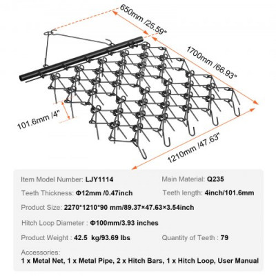 VEVOR Grada de Cadena Nivelador de Entrada 2270x1210 mm con Correa de Arrastre de 79 Dientes Nivelación de Paisaje Preparación de Césped Remolcable para Tractor, ATV, UTV, Entrada de Grava, Campo