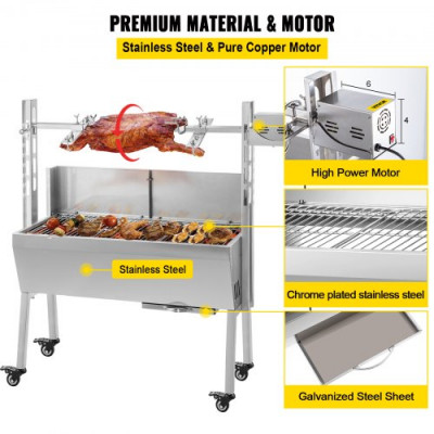 VEVOR Máquina de Asado de Asador de Carbón, 88 cm x 44 cm 25 W 4 RPM Máquina de Asado de Cordero de Carbón de Acero Inoxidable, Asador Barbacoa Parrilla al Carbón de 60 kg para Pícnic al Aire Libre