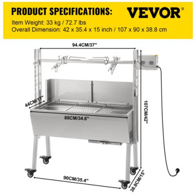 VEVOR Máquina de Asado de Asador de Carbón, 88 cm x 44 cm 25 W 4 RPM Máquina de Asado de Cordero de Carbón de Acero Inoxidable, Asador Barbacoa Parrilla al Carbón de 60 kg para Pícnic al Aire Libre