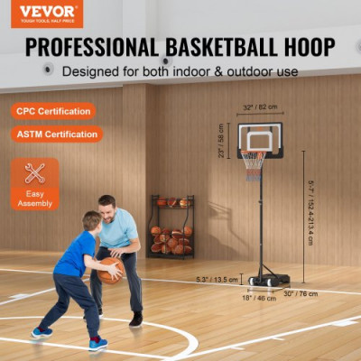 VEVOR Canasta de Baloncesto para Exterior/Interior Portátil Altura Ajustable de 152-213 cm Tablero de 82 cm con Soporte con Ruedas y Base Ponderada para Adultos y Niños, Entrenamiento de Baloncesto