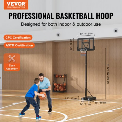 VEVOR Canasta de Baloncesto para Exterior/Interior Portátil Altura Ajustable de 122-305 cm Tablero de 112 cm con Soporte con Ruedas y Base Ponderada para Adultos y Niños, Entrenamiento de Baloncesto