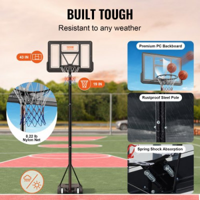 VEVOR Canasta de Baloncesto para Exterior/Interior Portátil Altura Ajustable de 122-305 cm Tablero de 112 cm con Soporte con Ruedas y Base Ponderada para Adultos y Niños, Entrenamiento de Baloncesto